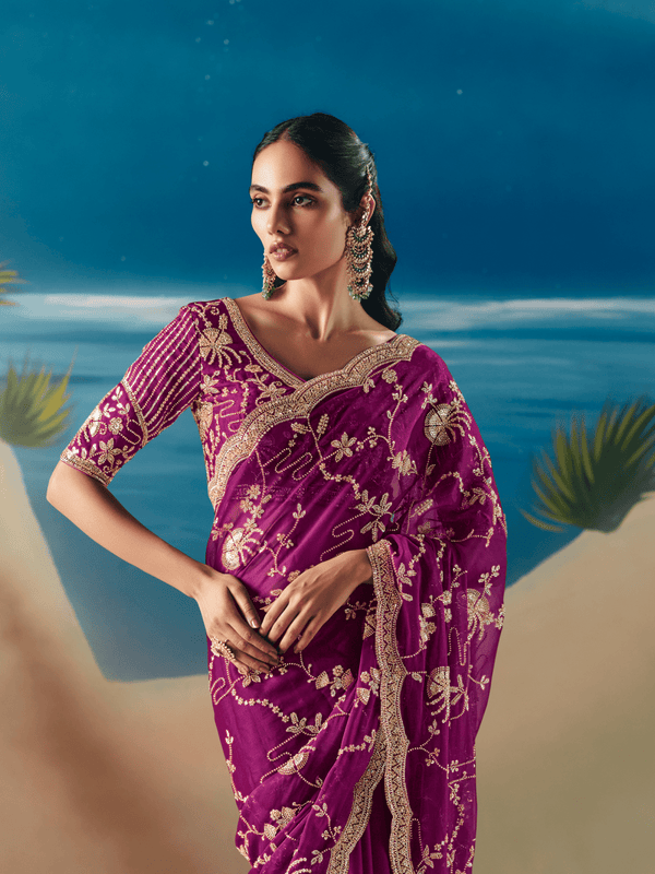 Magenta Embroidered Designer Organza Silk Saree