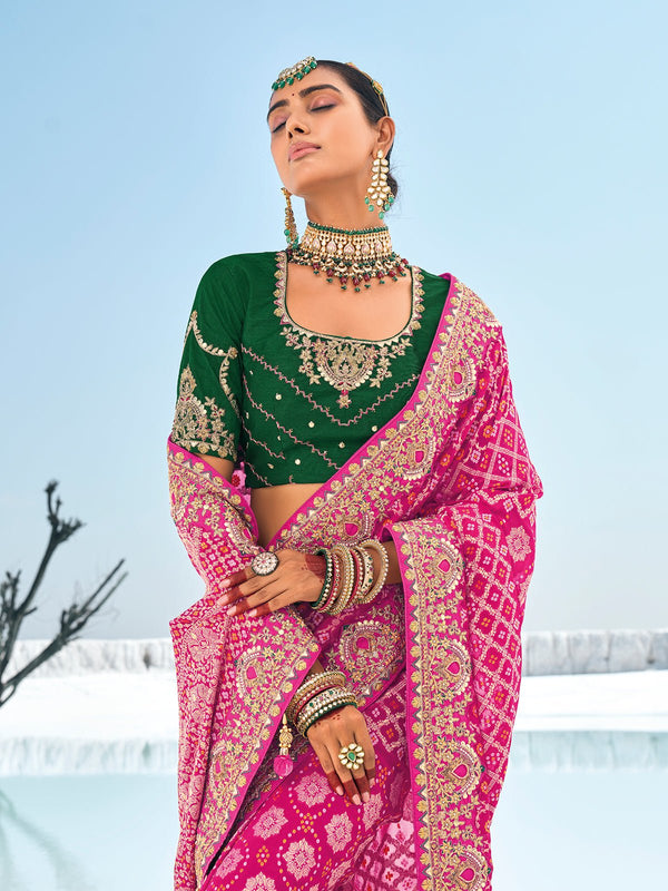 Magenta Pink Georgette Bandhani Patola Saree