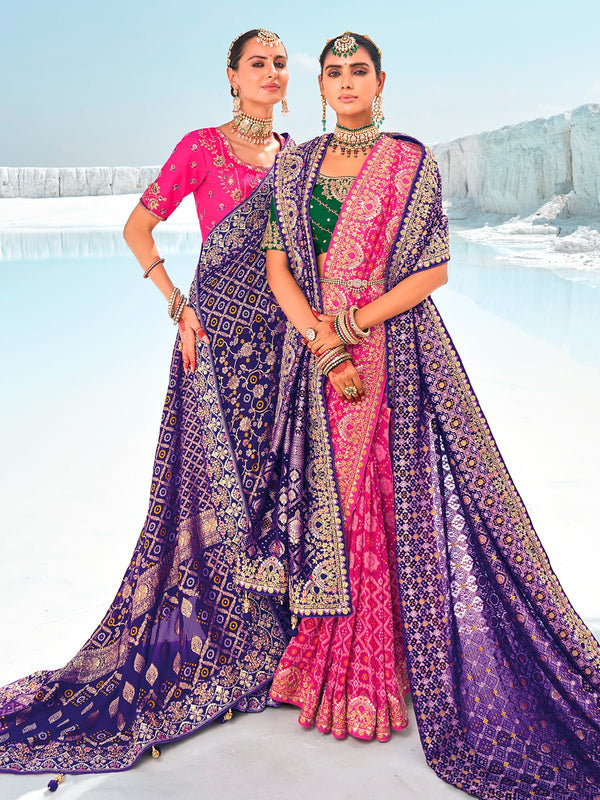 Magenta Pink Georgette Bandhani Patola Saree