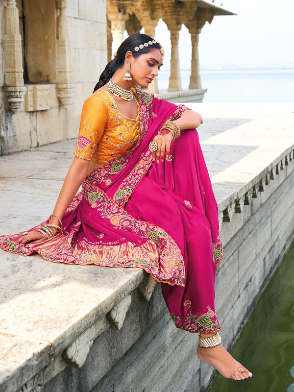 Magenta Pink Georgette Designer Saree With Heavy Work