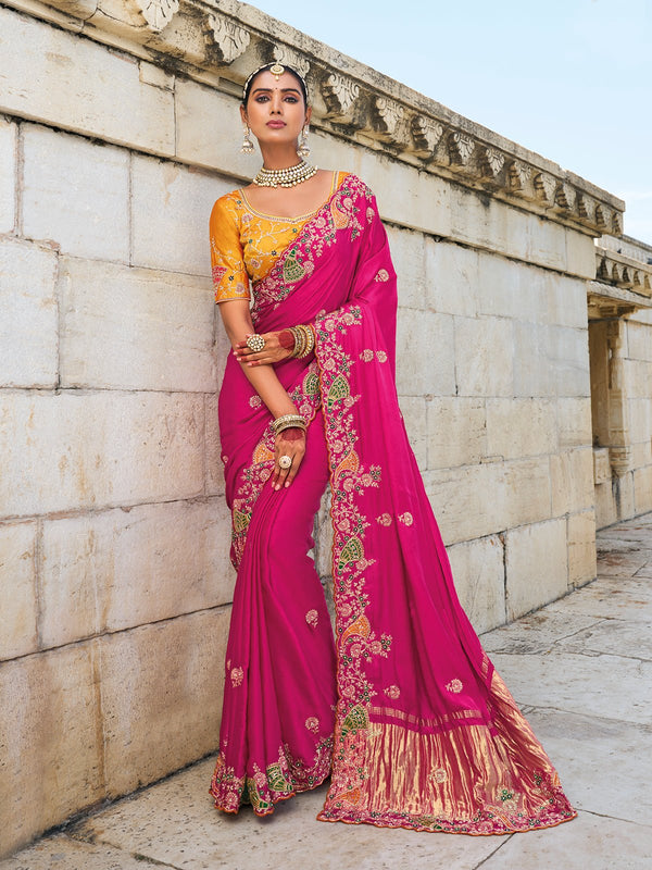 Magenta Pink Georgette Designer Saree With Heavy Work