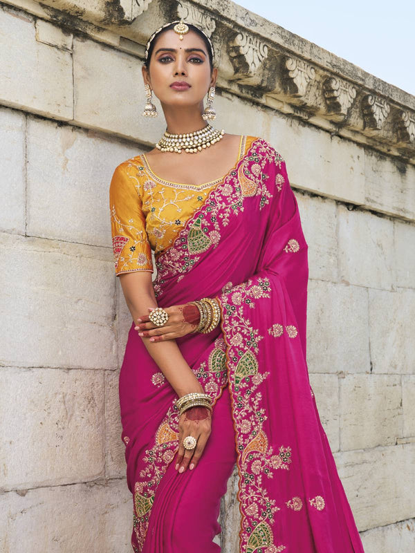 Magenta Pink Georgette Designer Saree With Heavy Work