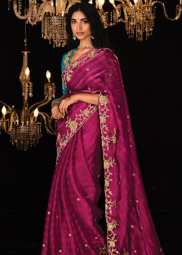 Magenta Pink Heavy Embroidery Designer Silk Saree