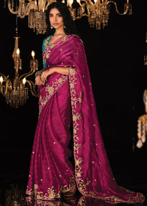 Magenta Pink Heavy Embroidery Designer Silk Saree