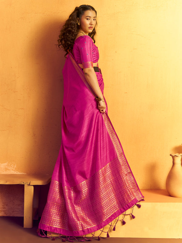 Magenta Pink Woven Designer Tussar Silk Saree, side view