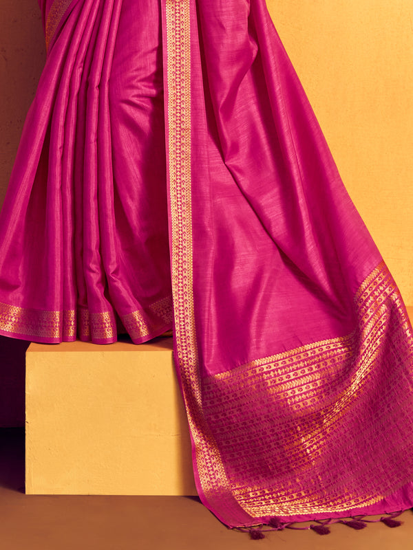 Magenta Pink Woven Designer Tussar Silk Saree, border and drape