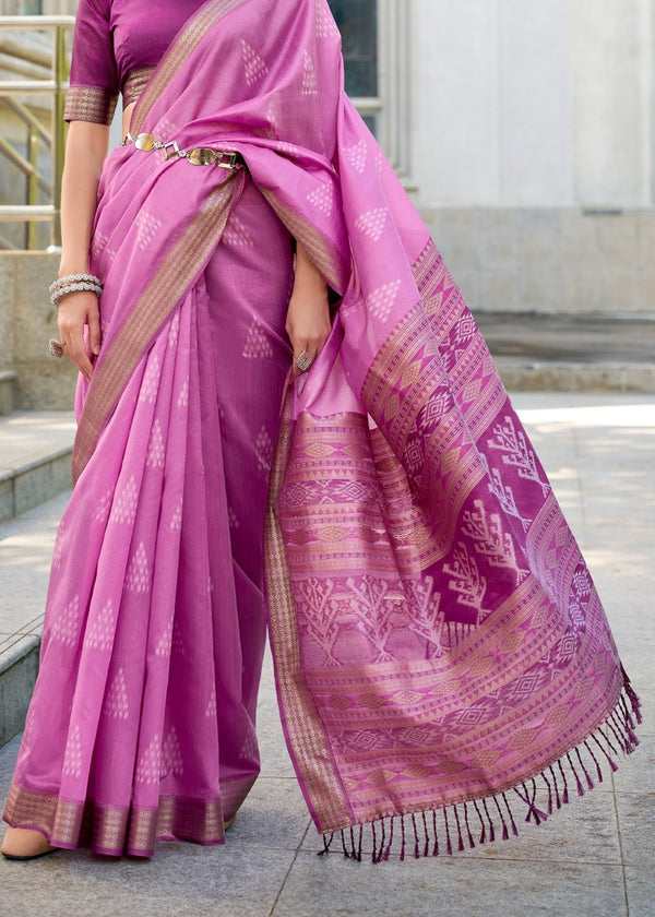 Magenta Pink Zari Woven Soft Silk Saree With Ikat Pallu
