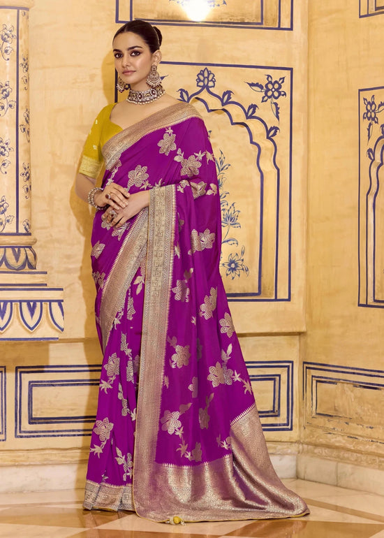 Magenta Purple Banarasi Crepe Silk Saree with Yellow Contrast Blouse