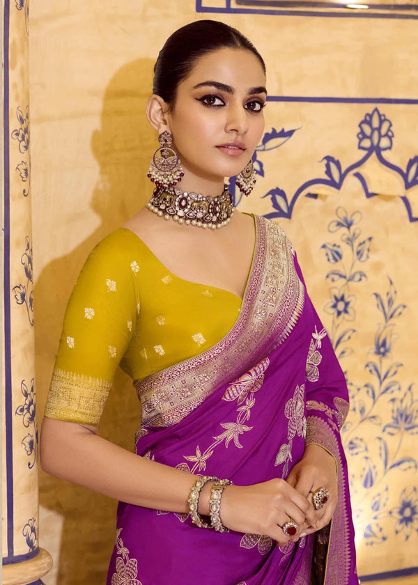 Magenta Purple Banarasi Crepe Silk Saree with Yellow Contrast Blouse