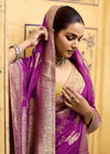 Magenta Purple Banarasi Crepe Silk Saree with Yellow Contrast Blouse
