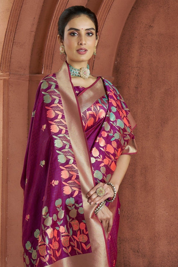 Magenta Purple Banarasi Saree With Zari Woven Motifs