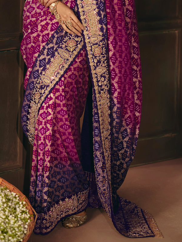 Magenta Purple Bandhani Banarasi Georgette Saree, border and drape