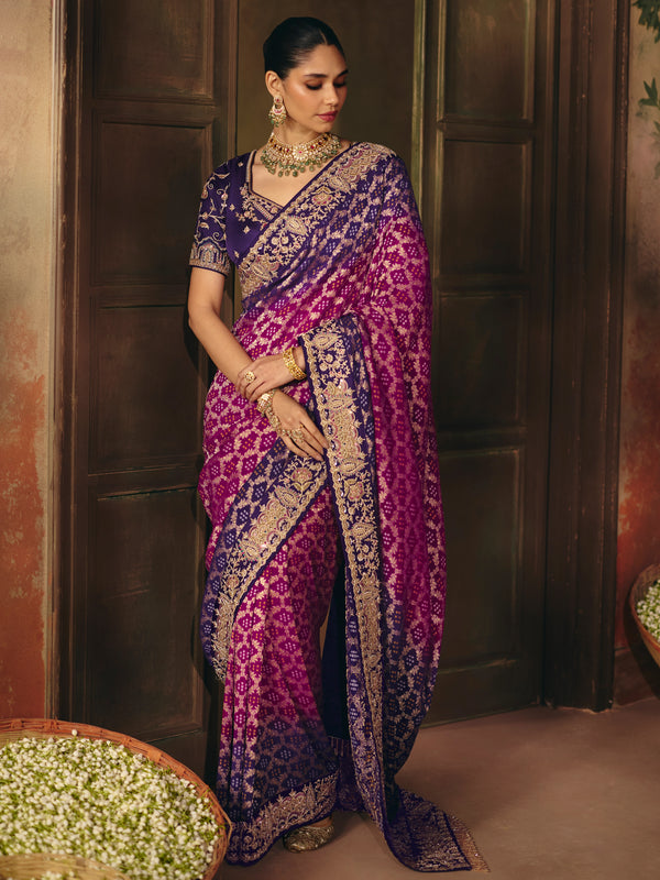 Magenta Purple Bandhani Banarasi Georgette Saree