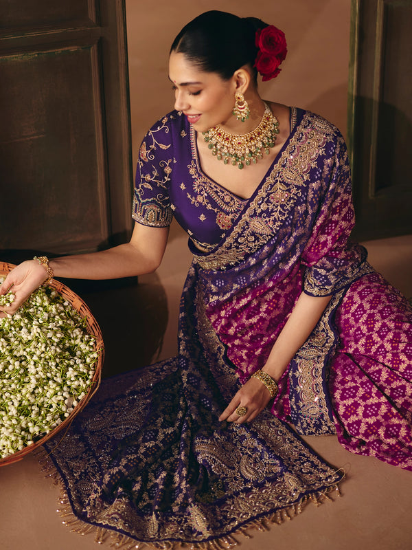 Magenta Purple Bandhani Banarasi Georgette Saree