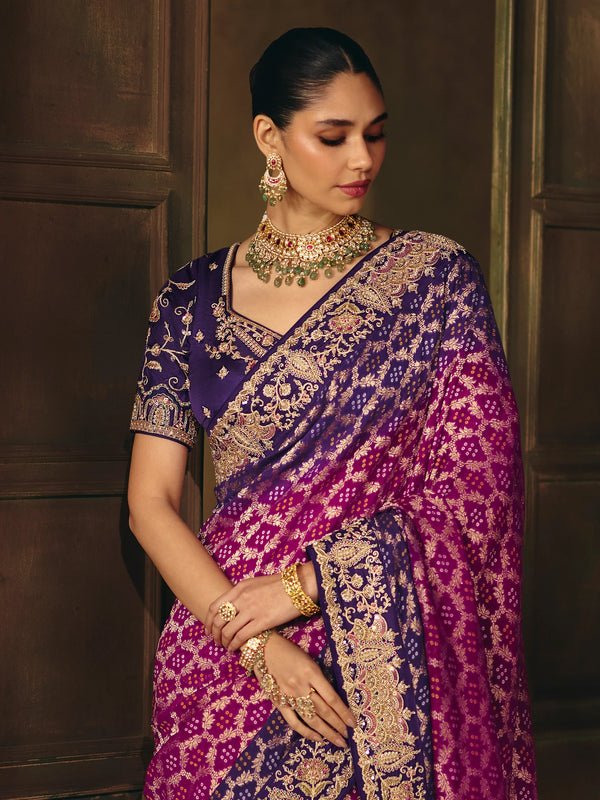 Magenta Purple Bandhani Banarasi Georgette Saree, pallu and blouse