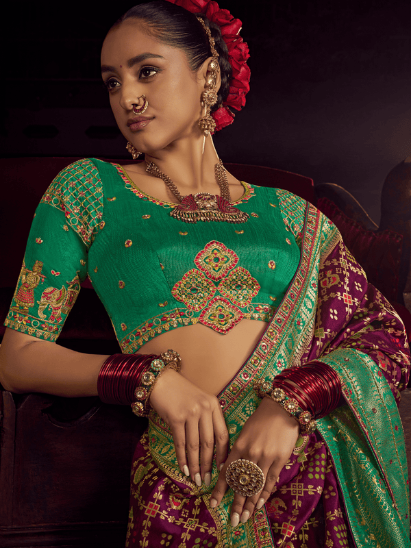 Magenta Purple Patola Dola Silk Saree With Contrast Blouse