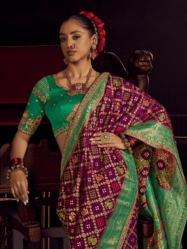 Magenta Purple Patola Dola Silk Saree With Contrast Blouse