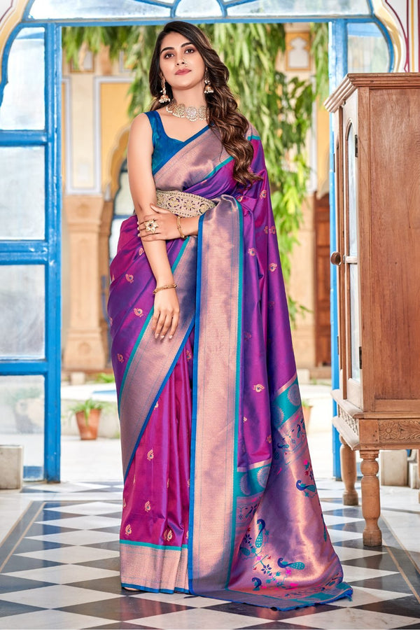 Magenta Purple Woven Soft Peshwai Paithani Silk Saree