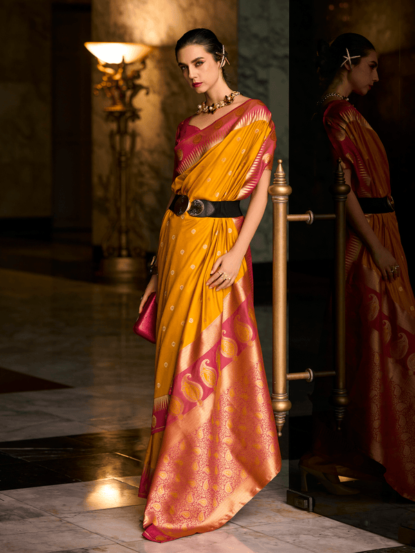 Mango Yellow Kanjivaram Saree With Contrast Blouse