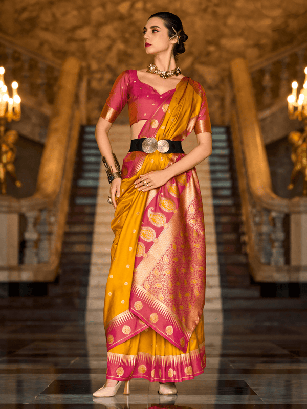 Mango Yellow Kanjivaram Saree With Contrast Blouse