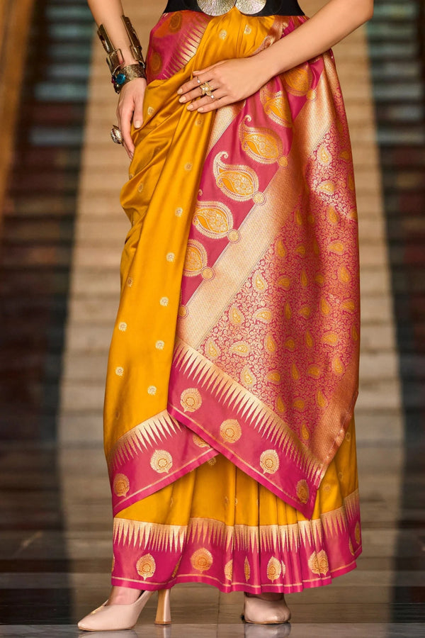 Mango Yellow Kanjivaram Saree With Contrast Blouse