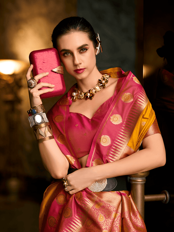 Mango Yellow Kanjivaram Saree With Contrast Blouse