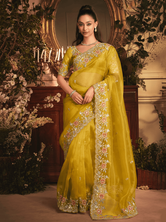 Mango Yellow Organza Silk Saree