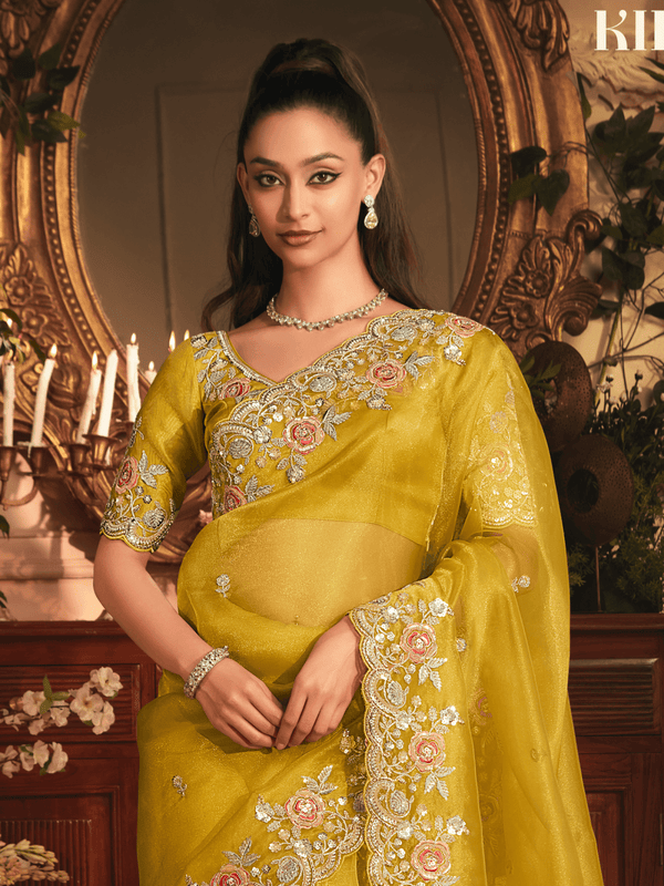 Mango Yellow Organza Silk Saree