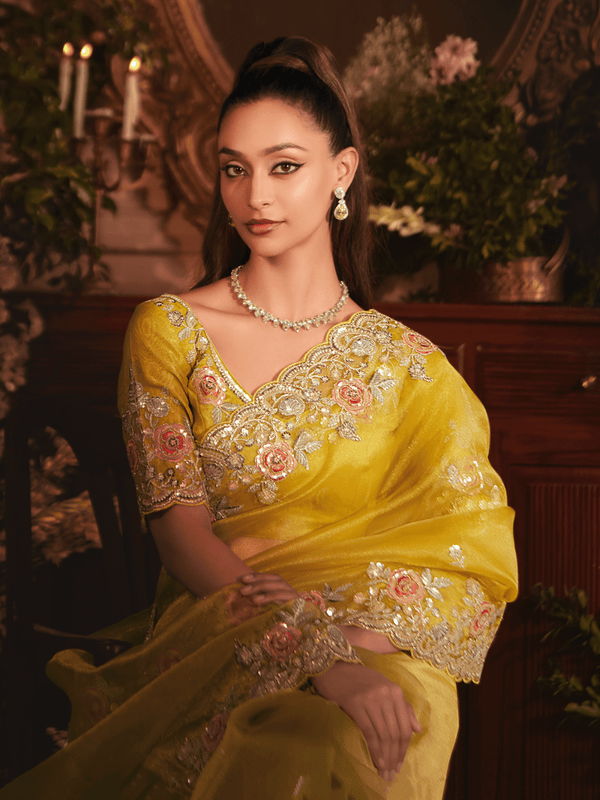 Mango Yellow Organza Silk Saree