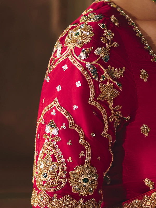 Marigold Orange Bandhani Banarasi Georgette Saree, contrast blouse close-up