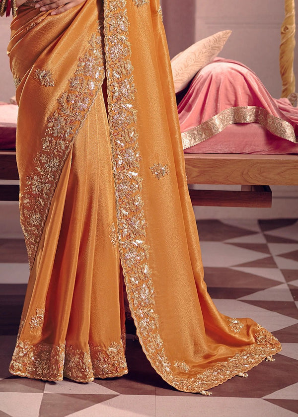 Marigold Orange Zari Tissue Designer Embroidered Saree