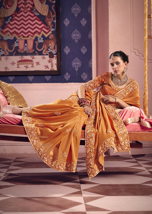 Marigold Orange Zari Tissue Designer Embroidered Saree