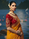 Marigold Yellow Banarasi Dola Silk Saree, contrast blouse close-up