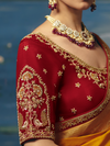 Marigold Yellow Banarasi Dola Silk Saree, contrast blouse close-up