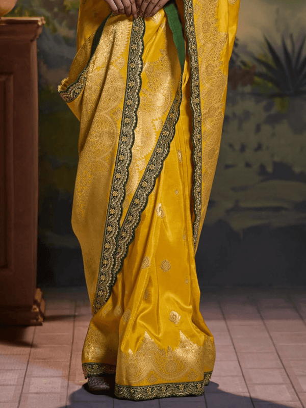 Marigold Yellow Banarasi Satin Silk Saree With Contrast Blouse