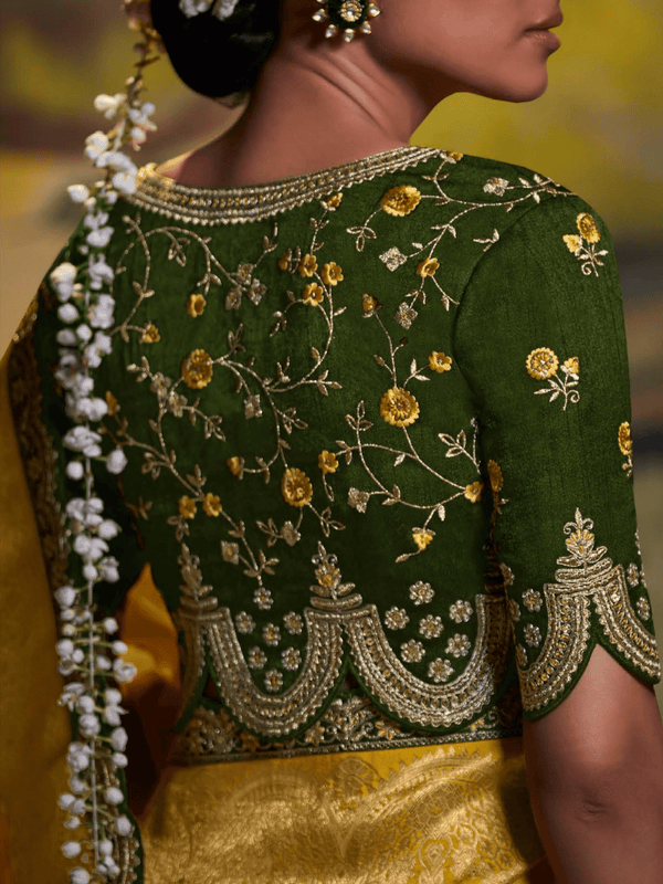 Marigold Yellow Banarasi Satin Silk Saree With Contrast Blouse