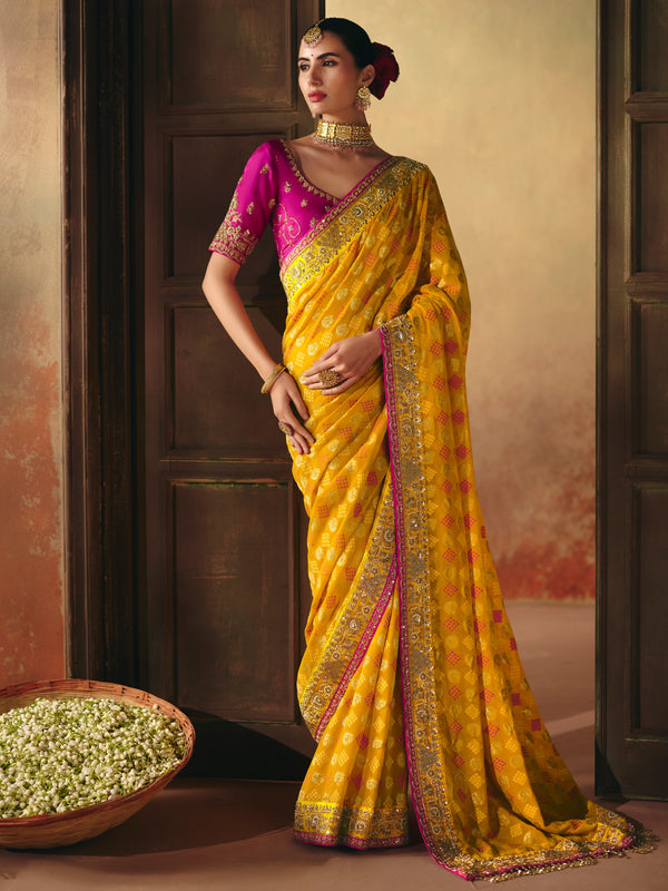 Marigold Yellow Bandhani Banarasi Georgette Saree With Contrast Blouse