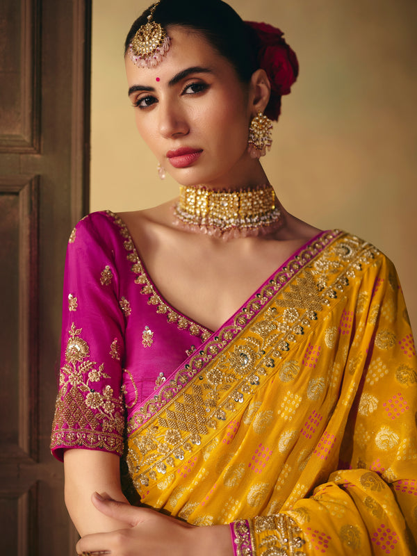 Marigold Yellow Bandhani Banarasi Georgette Saree, pallu and blouse