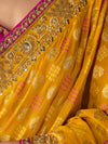 Marigold Yellow Bandhani Banarasi Georgette Saree, weave and work detail