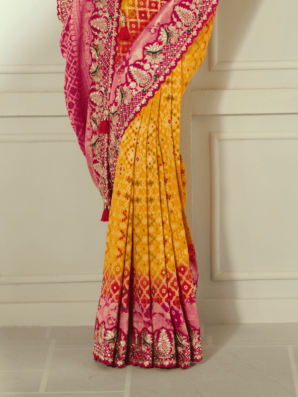 Marigold Yellow Bandhani Banarasi Georgette Saree With Contrast Blouse