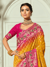 Marigold Yellow Bandhani Banarasi Georgette Saree With Contrast Blouse