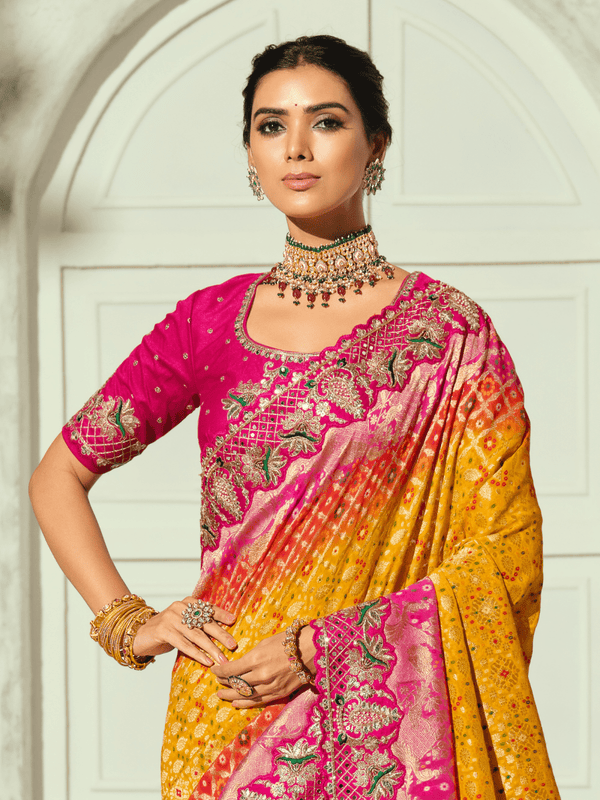 Marigold Yellow Bandhani Banarasi Georgette Saree With Contrast Blouse