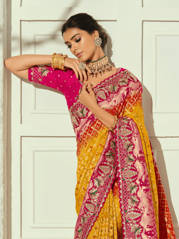 Marigold Yellow Bandhani Banarasi Georgette Saree With Contrast Blouse