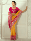 Marigold Yellow Bandhani Banarasi Georgette Saree With Contrast Blouse