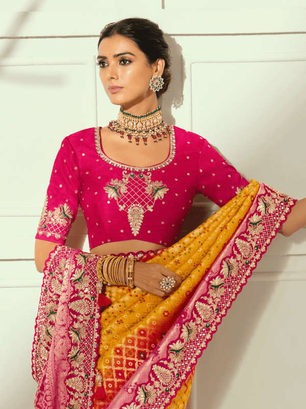 Marigold Yellow Bandhani Banarasi Georgette Saree With Contrast Blouse