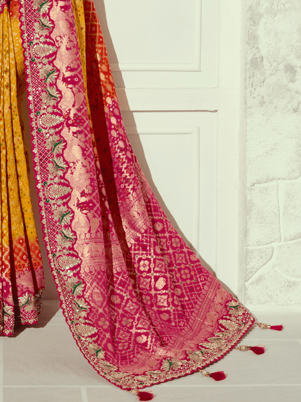 Marigold Yellow Bandhani Banarasi Georgette Saree With Contrast Blouse
