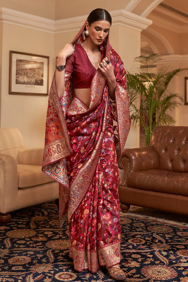 Maroon Kashmiri Pashmina Saree