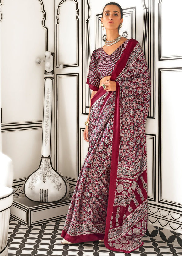 Maroon Red Ajrakh Satin Crepe Saree