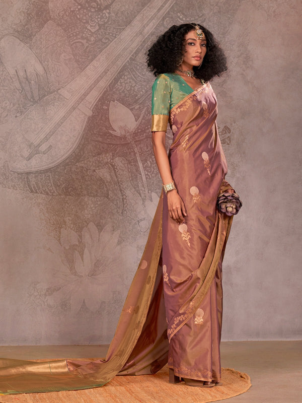 Mauve Kanjivaram Two Tone Silk Saree With Contrast Blouse
