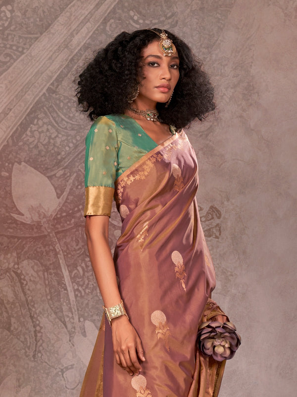 Mauve Kanjivaram Two Tone Silk Saree With Contrast Blouse